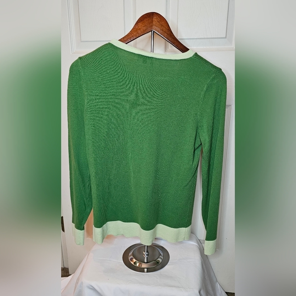 Talbots Green Zip-Shoulder Sweater 3/4 Sleeve Contrast Trim - Size Medium - Picture 2 of 4